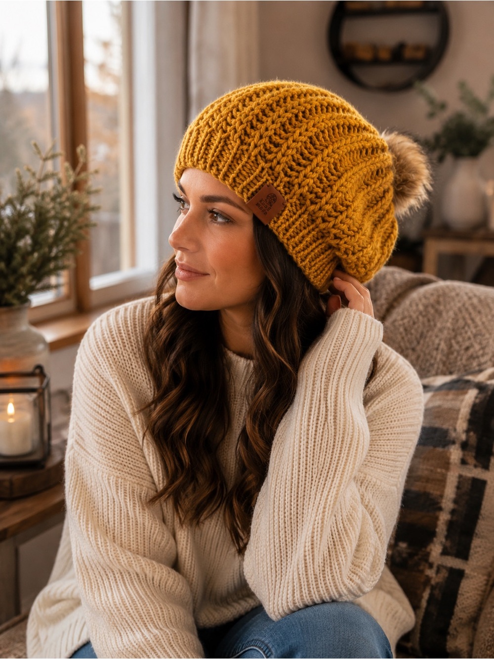 Cozy Mustard Knit Pom Beanie